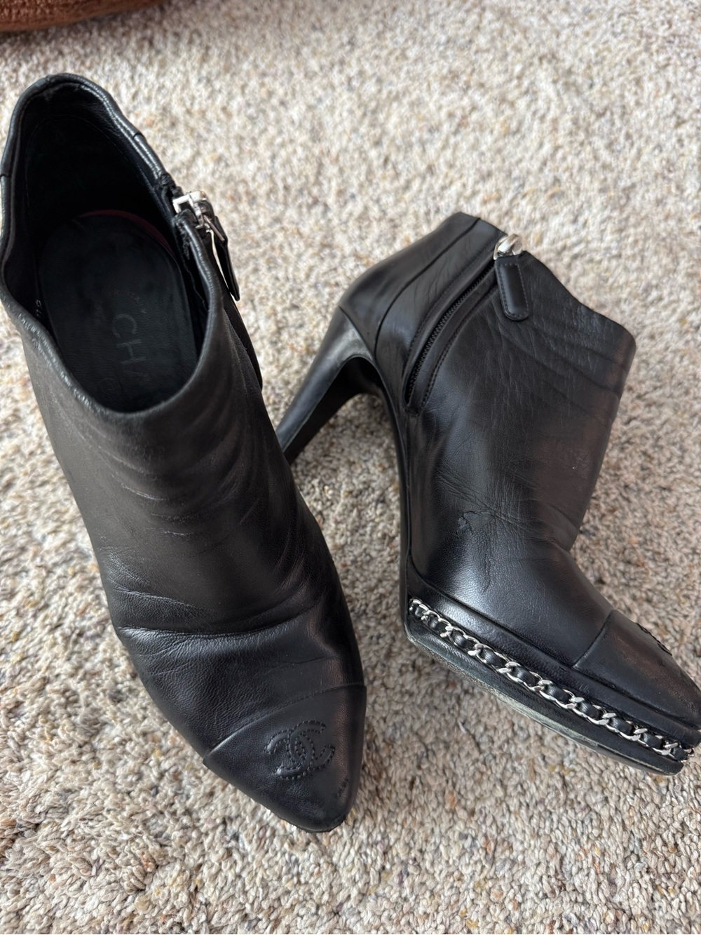 CHANEL Black Leather Chain-Trim Ankle Booties